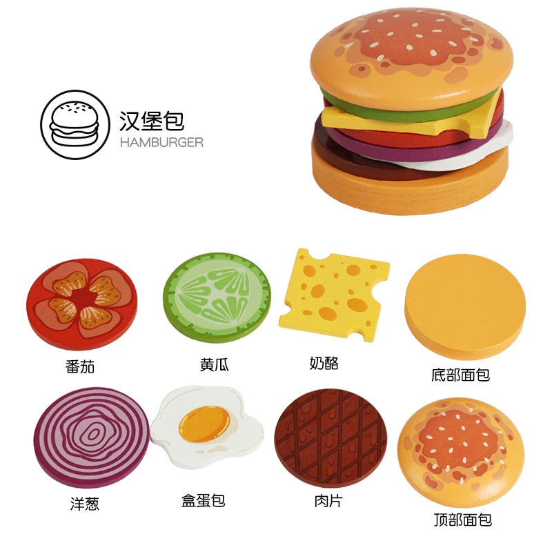 Wooden Burger Fries Sandwich Set Column Building Blocks Creative Shape Matching Simulation Kitchen Cutting Toys - Image 1